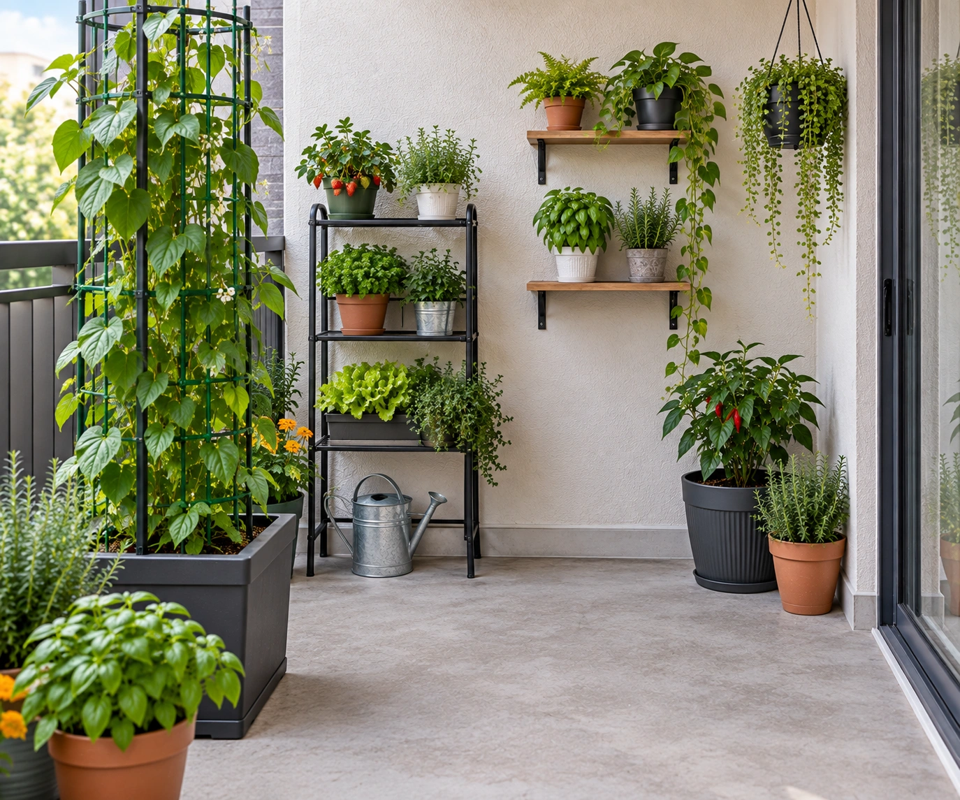 Vertical garden with trellis hanging planter shelves and tiered plant stand