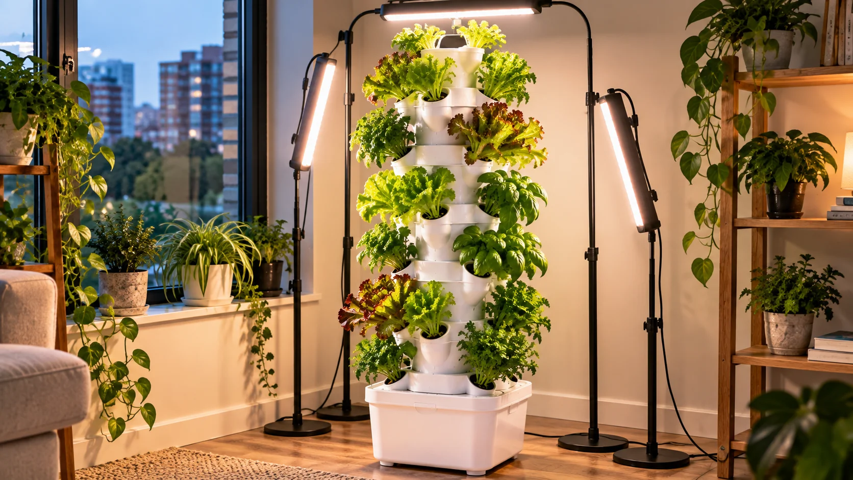 Six-tier hydroponic tower with supplemental grow lights illuminating plants at multiple heights