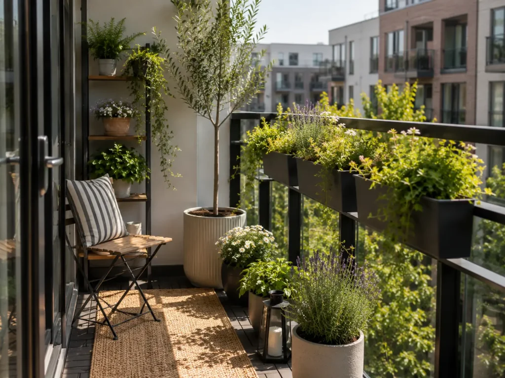 Freestanding vertical planter positioned along one side of a small apartment balcony while keeping the walkway open