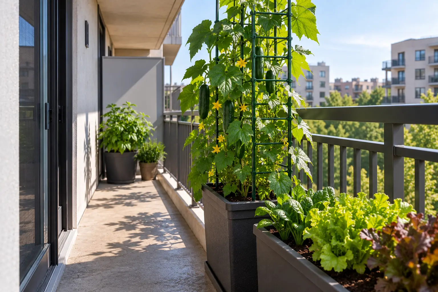Cucumber vines growing on a freestanding trellis beside lower vegetable containers on an apartment balcony