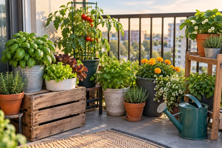 Very small garden on a budget with simple containers, herbs, and compact plants