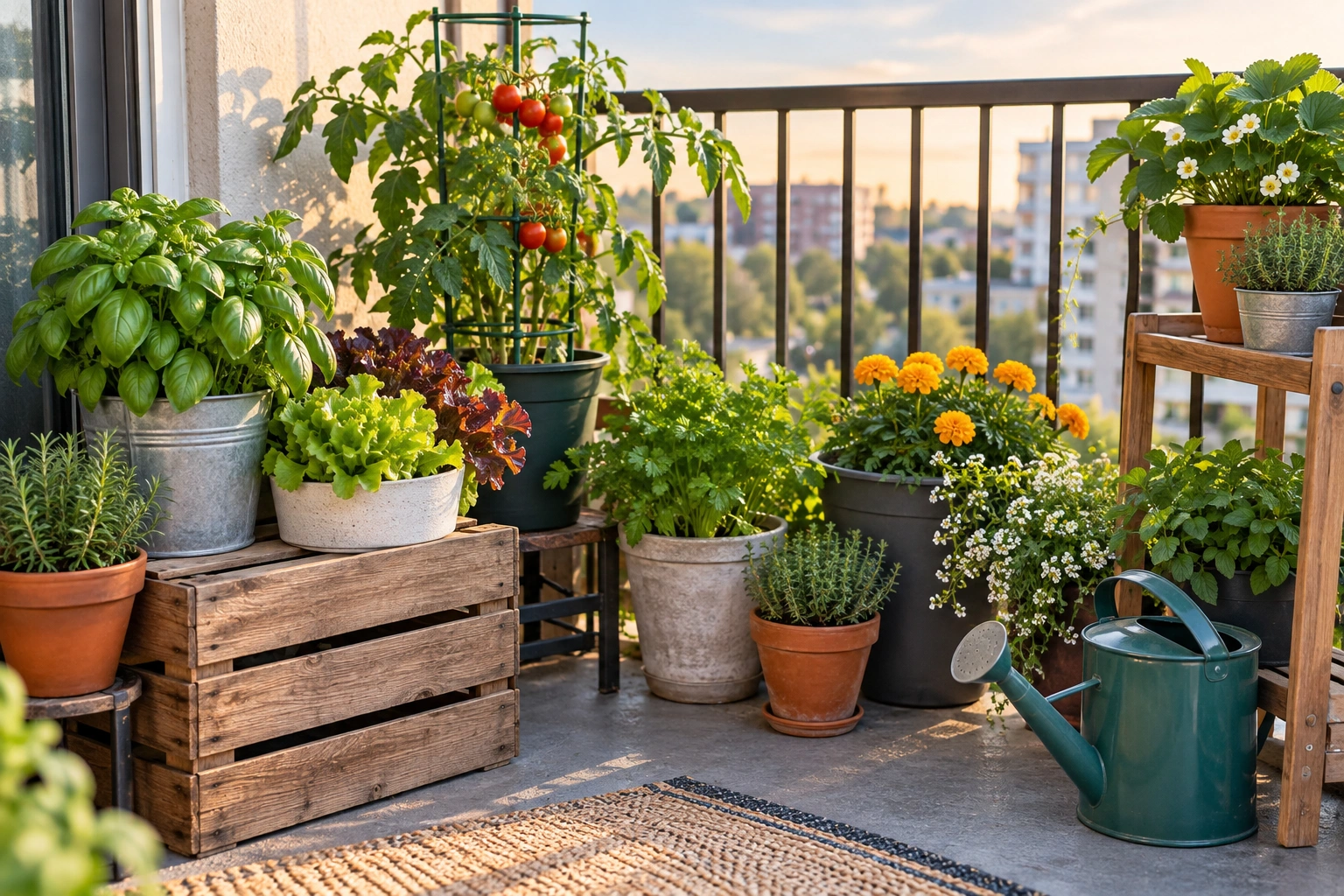 Very small garden on a budget with simple containers, herbs, and compact plants