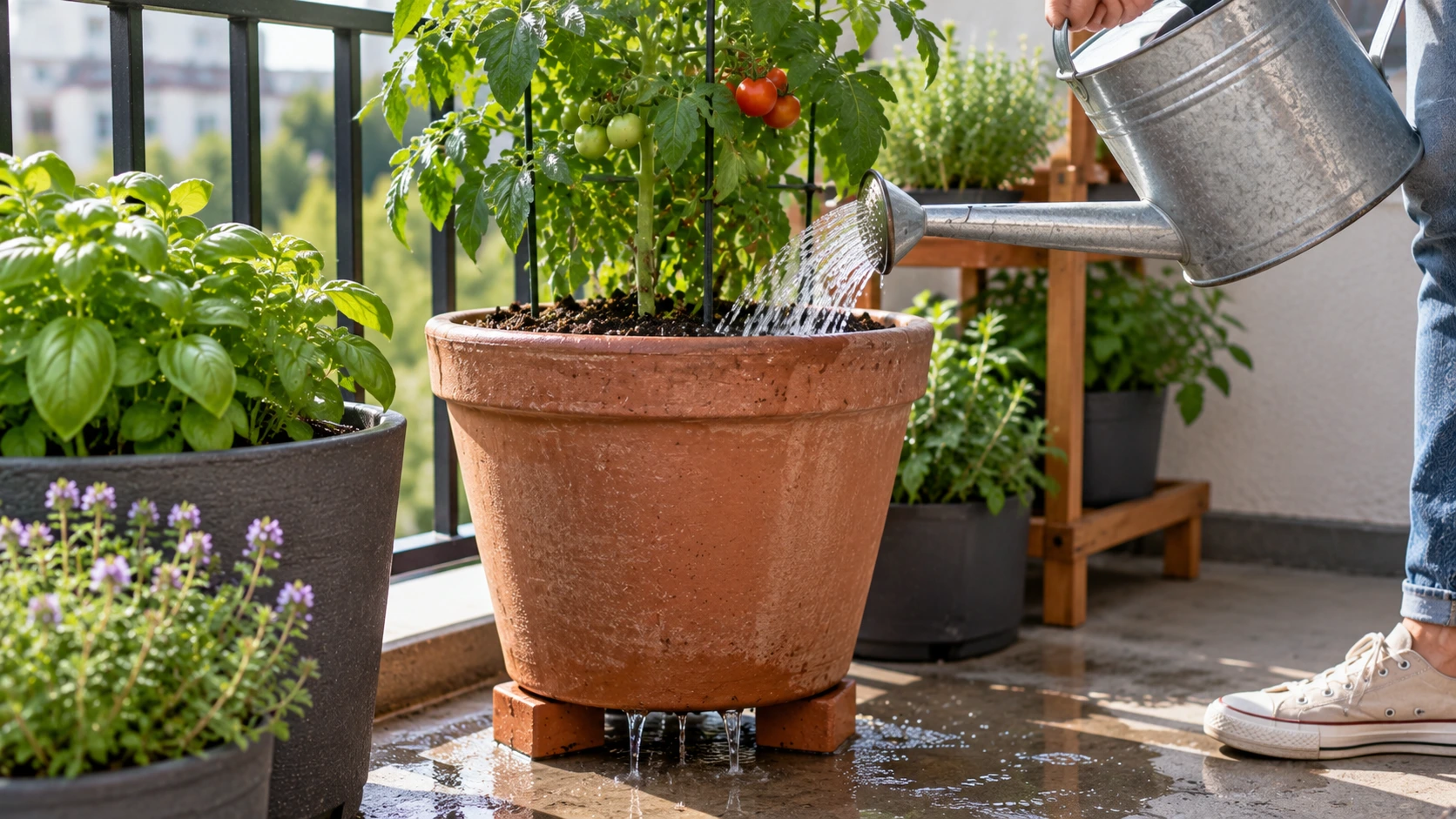 Balcony container watered thoroughly with excess water draining from the bottom