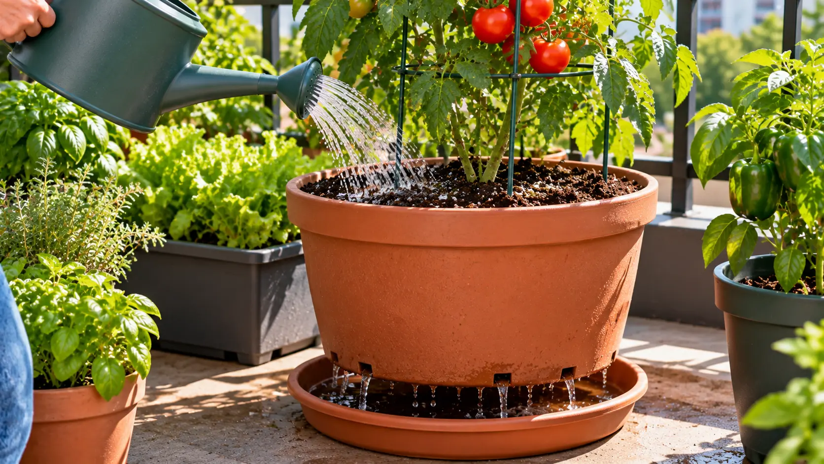 Vegetable container watered thoroughly as excess water drains from the bottom drainage holes