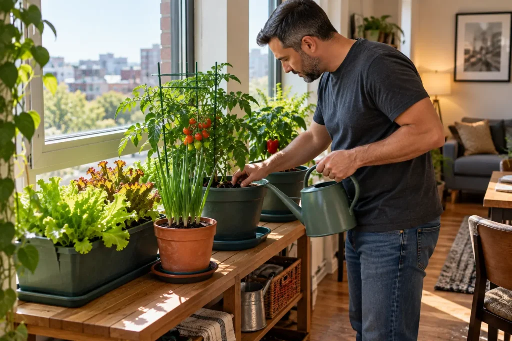 Person watering vegetables growing indoors in apartment containers