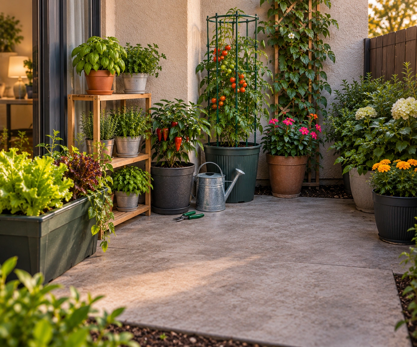 Mature small space garden with herbs vegetables and open room for maintenance