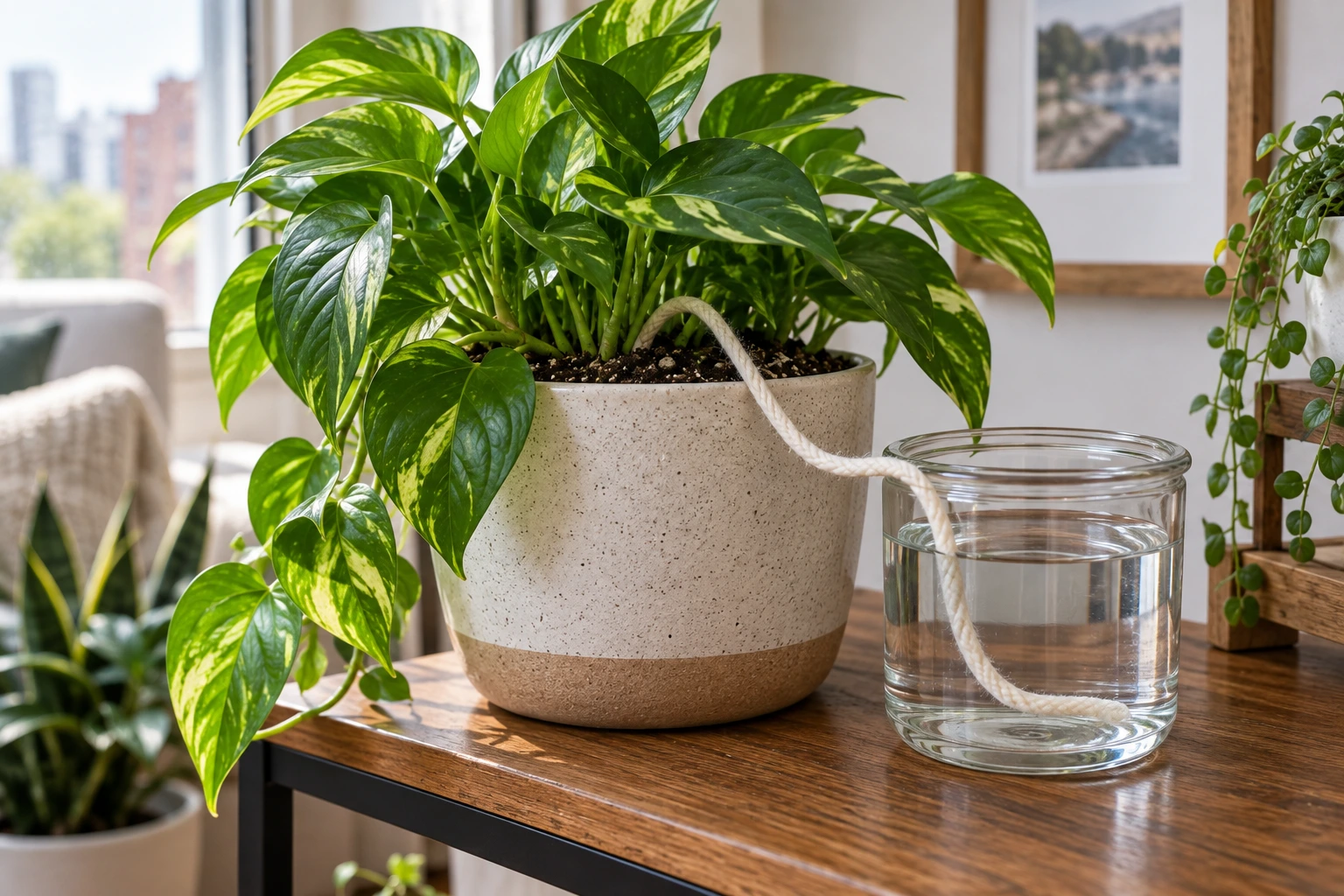 Simple wick watering system supplying water from a reservoir to a houseplant