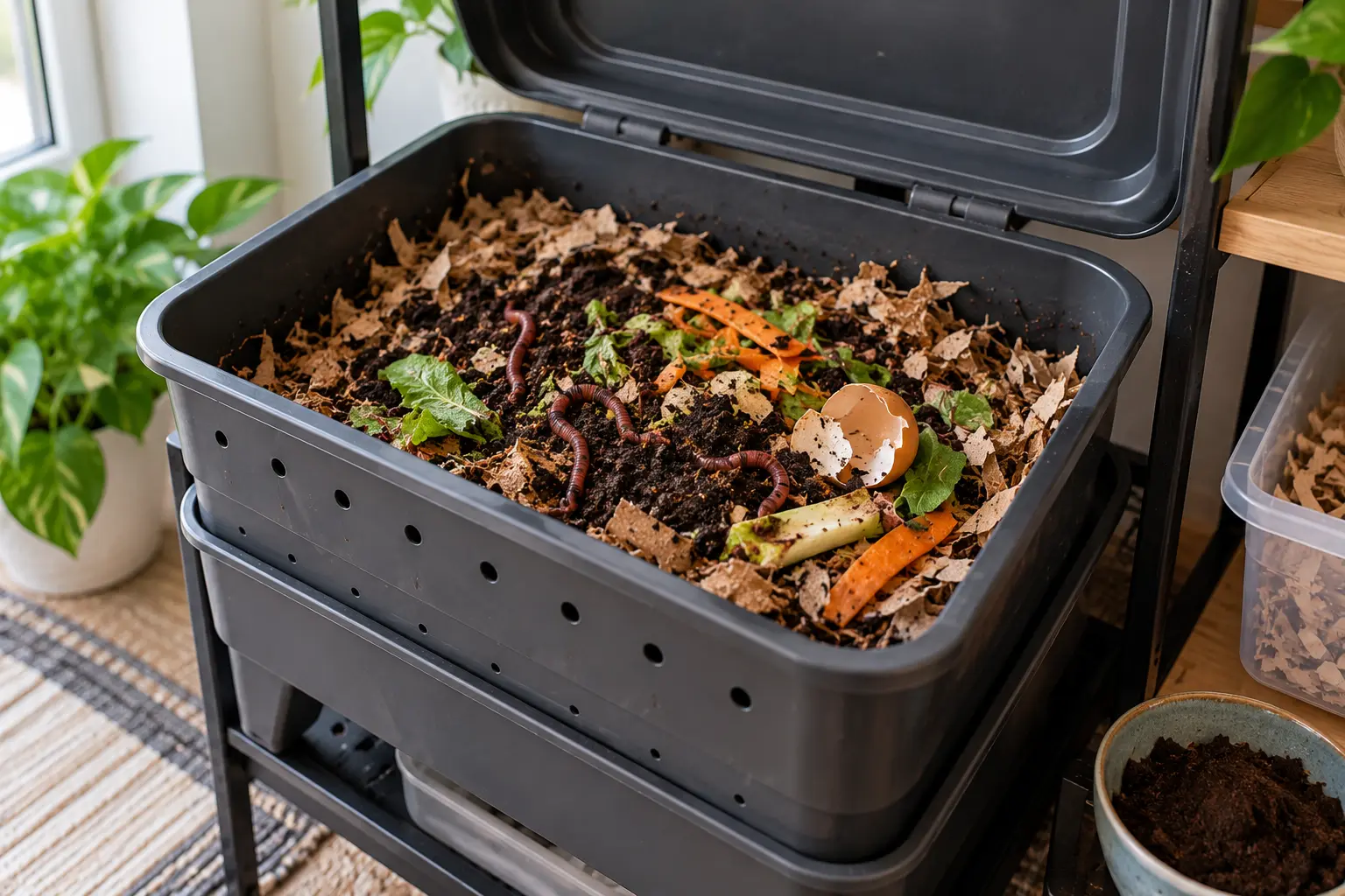 Indoor worm composting bin with bedding, food scraps, and red wigglers