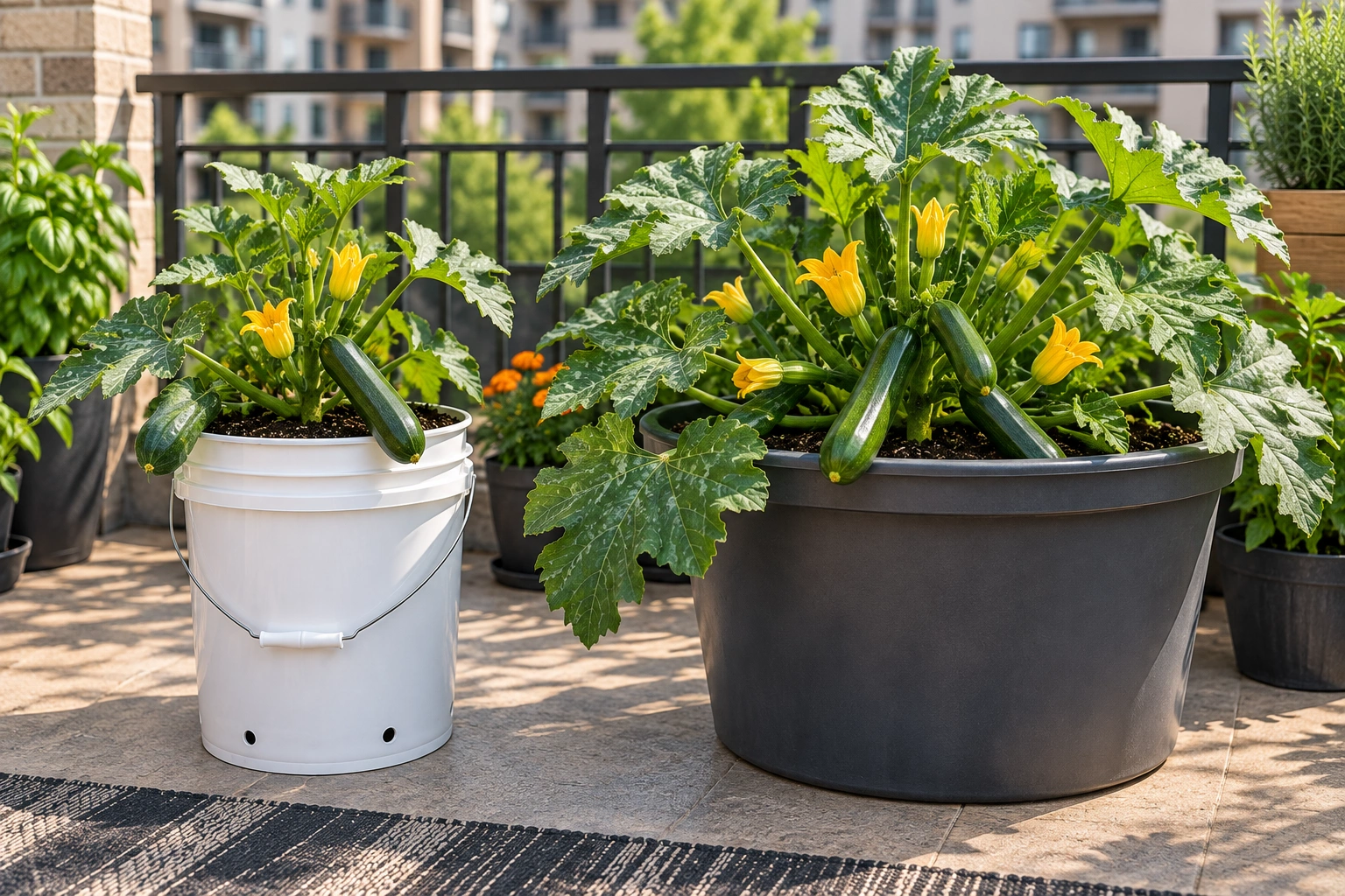 Zucchini plants compared in a 5-gallon bucket and a larger container