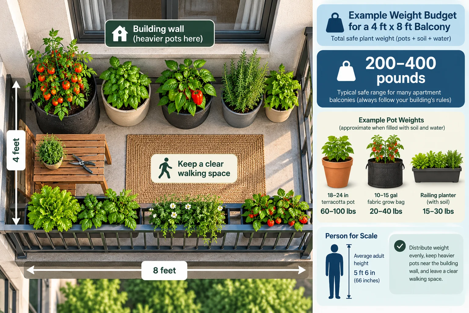 Floor plan illustration of a 4 ft by 8 ft apartment balcony with safe plant weight budget calculation