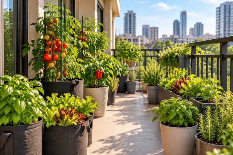 Apartment balcony weight limit shown with evenly distributed fabric grow bags and lightweight resin pots on a modern balcony