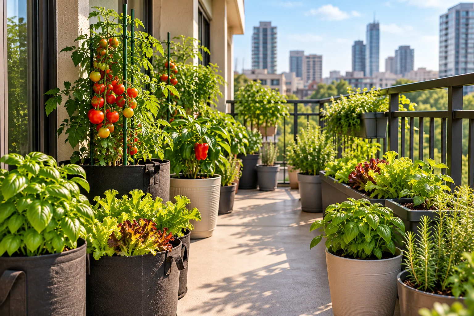Apartment balcony weight limit shown with evenly distributed fabric grow bags and lightweight resin pots on a modern balcony