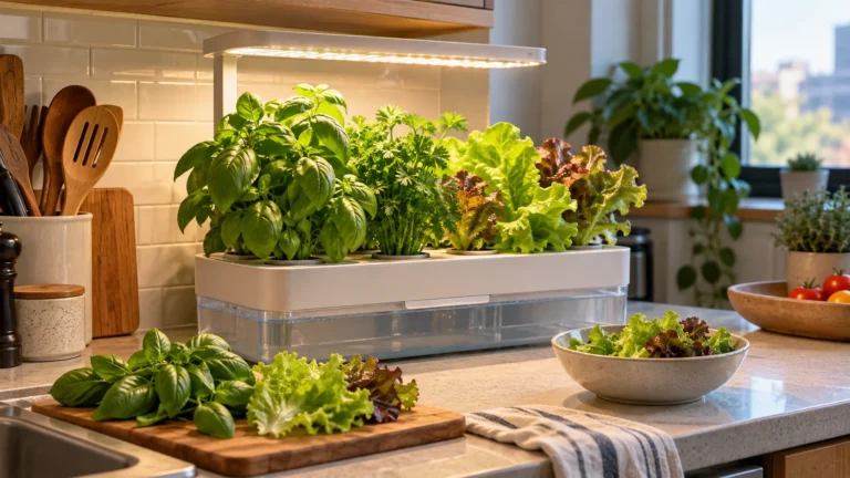 Are indoor hydroponic gardens worth it? Indoor hydroponic garden growing herbs and leafy greens in a small apartment kitchen