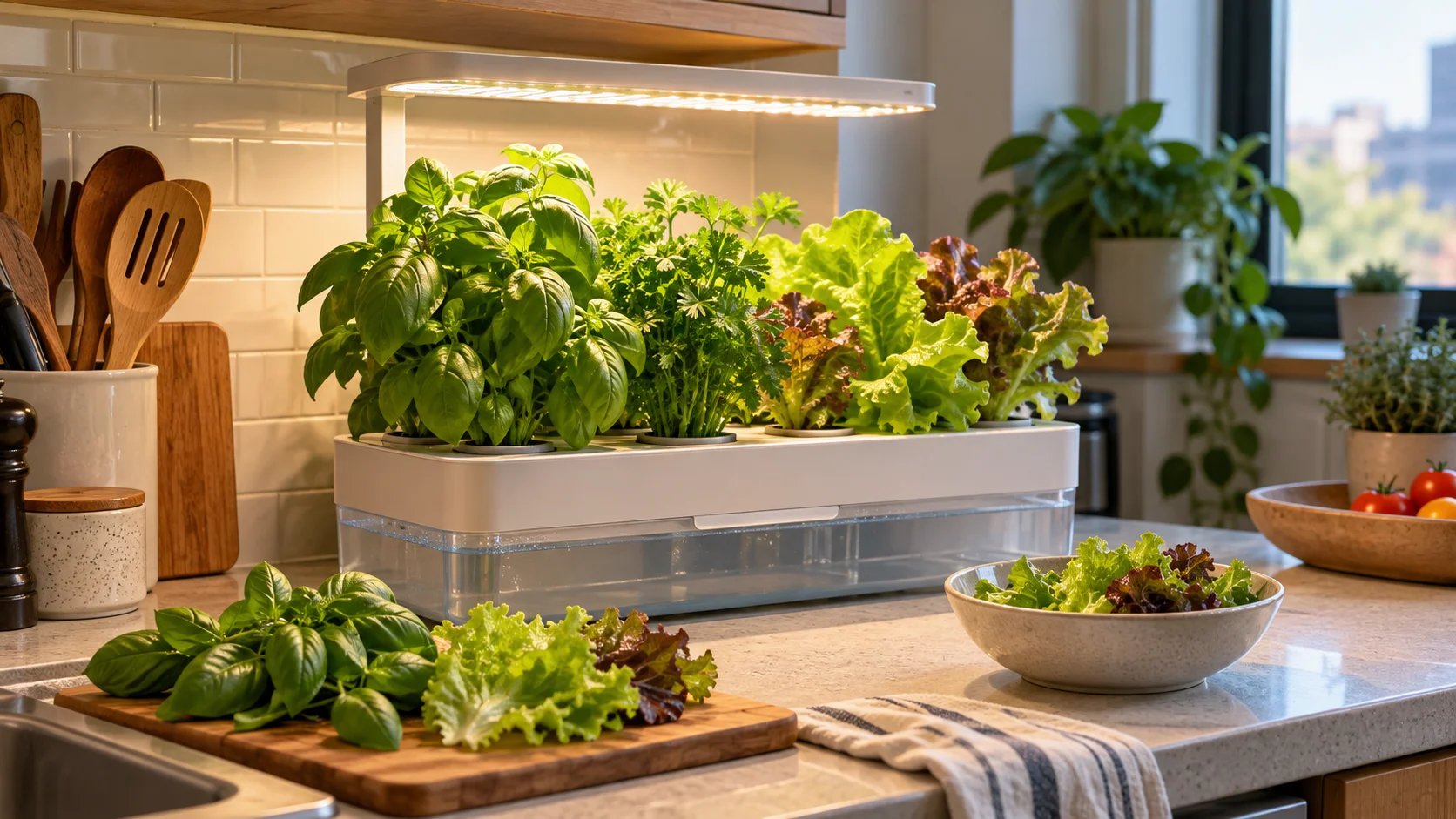 Are indoor hydroponic gardens worth it? Indoor hydroponic garden growing herbs and leafy greens in a small apartment kitchen
