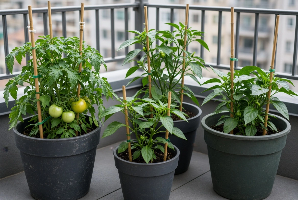 Grouped containers and stakes protecting vegetables from wind on a balcony