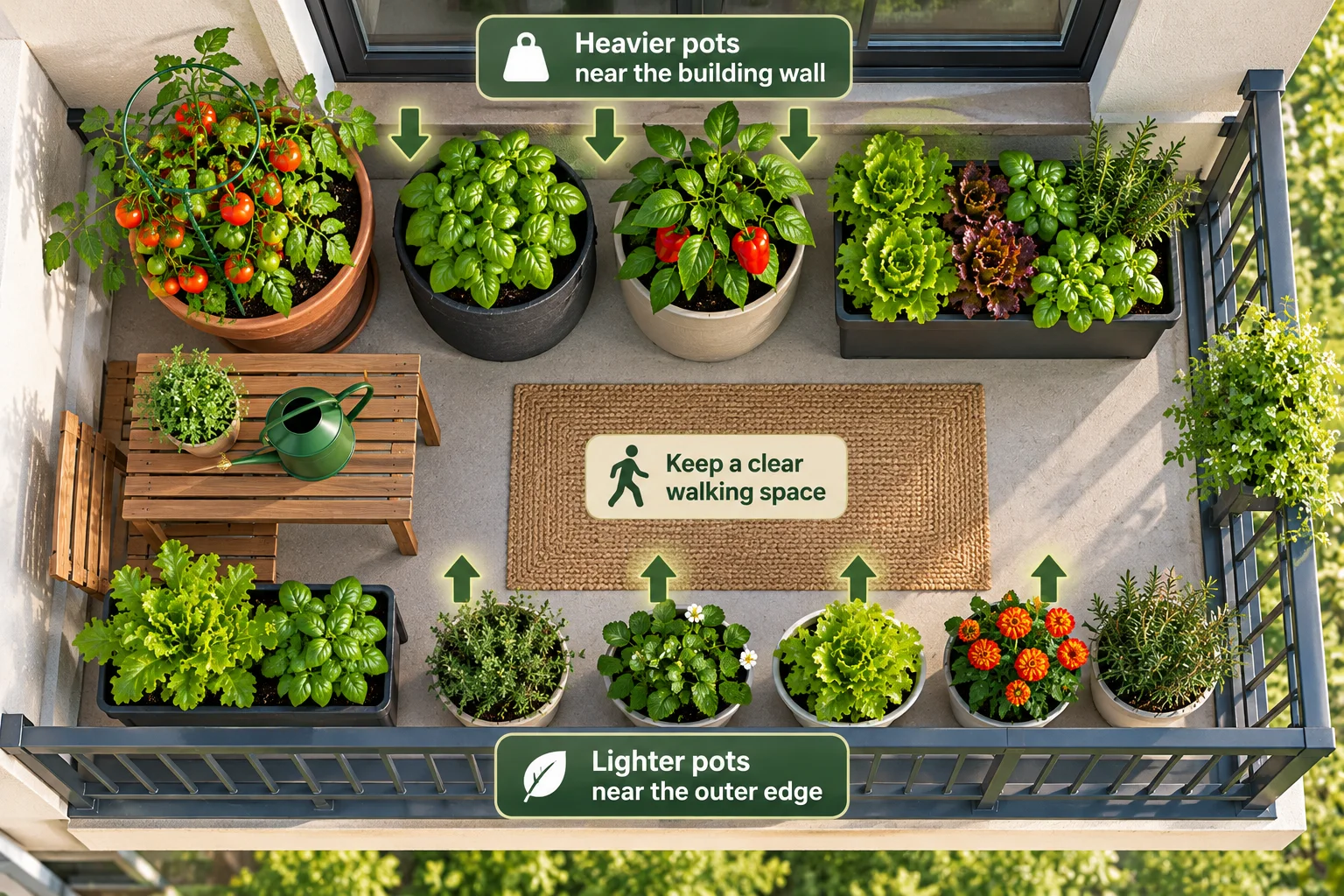 Top-down illustration showing even weight distribution of pots across an apartment balcony floor