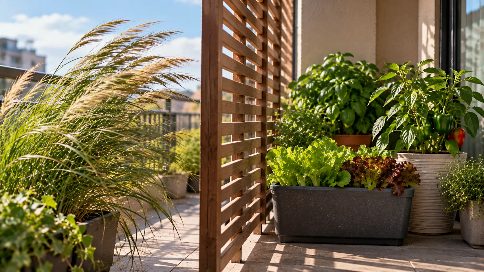 Wind-filtering balcony screen with exposed foliage moving more than sheltered container plants behind it