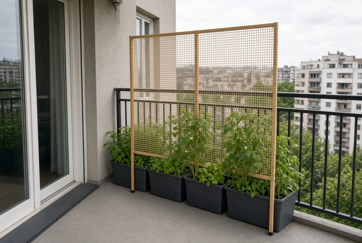 Temporary windbreak protecting vegetables on a high-rise balcony