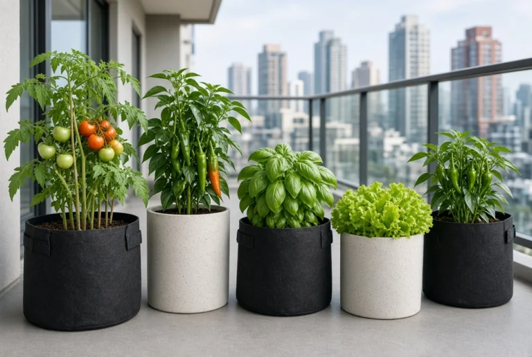 Best lightweight containers for apartment balcony shown with fabric grow bags and resin pots