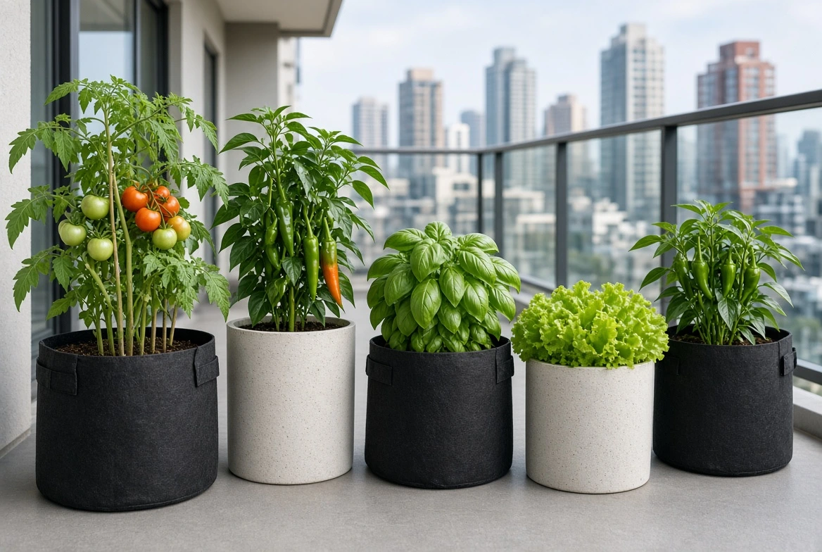 Best lightweight containers for apartment balcony shown with fabric grow bags and resin pots