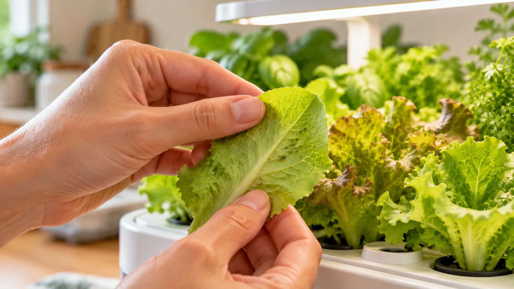 Hand turning over a hydroponic lettuce leaf to check the underside for pests