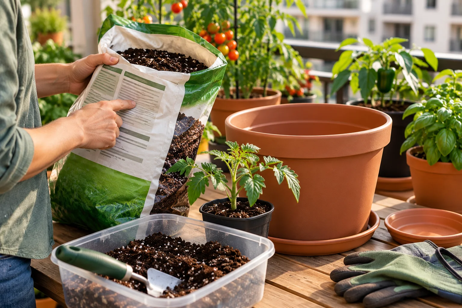 Gardener checking a potting mix bag for included fertilizer before planting container vegetables