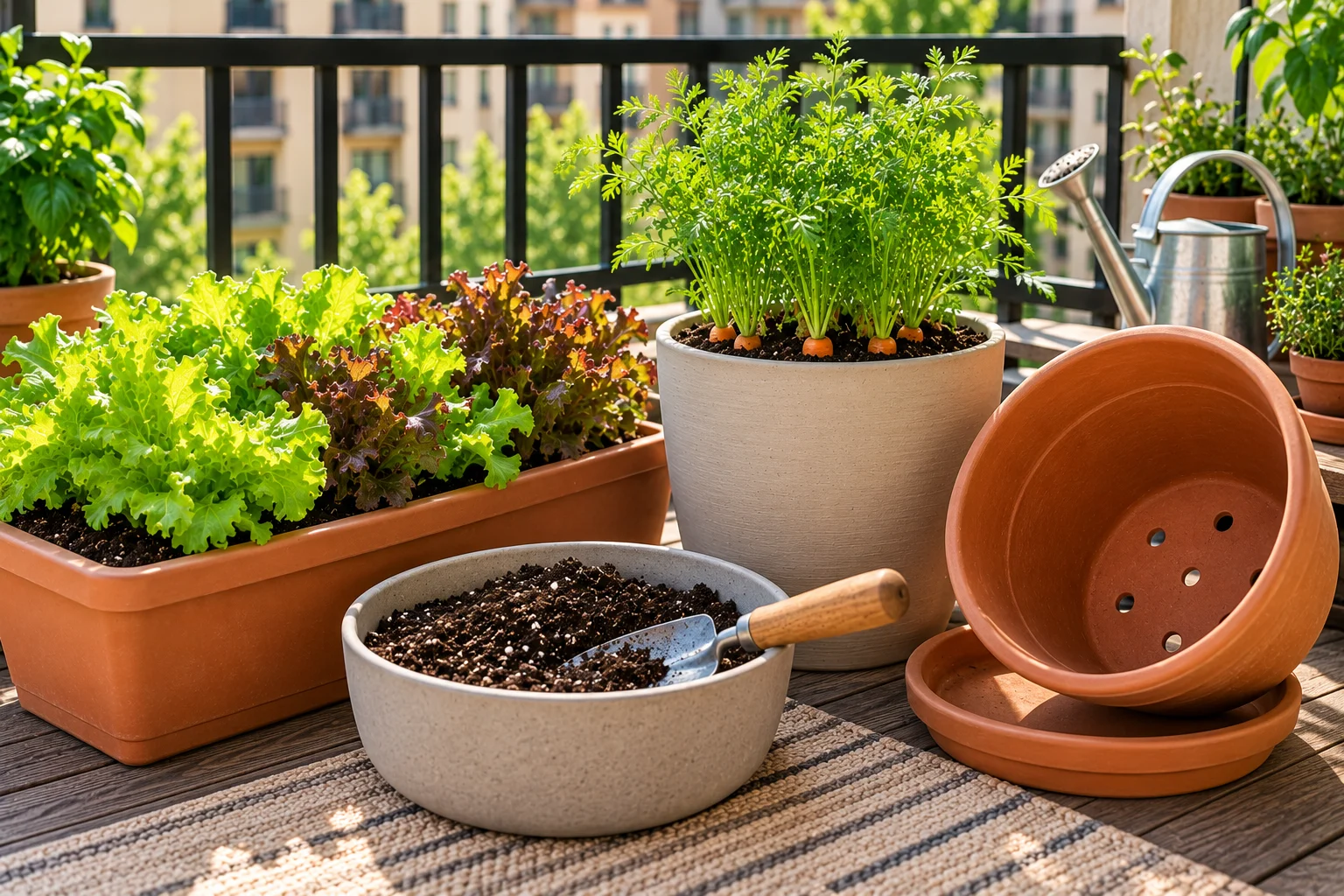 Vegetable containers with proper depth, potting mix, and drainage on an apartment balcony