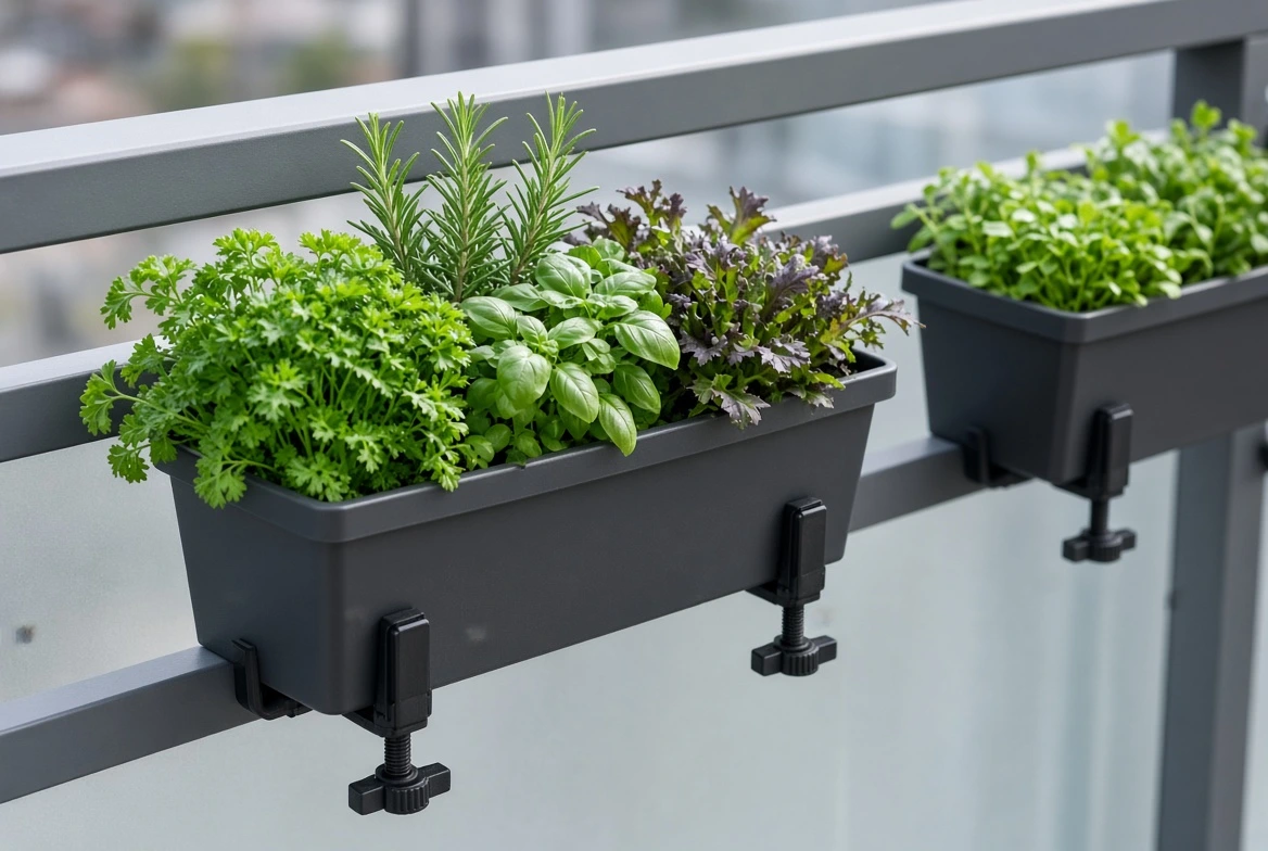 Clamp-on and over-rail planters on an apartment balcony railing with herbs