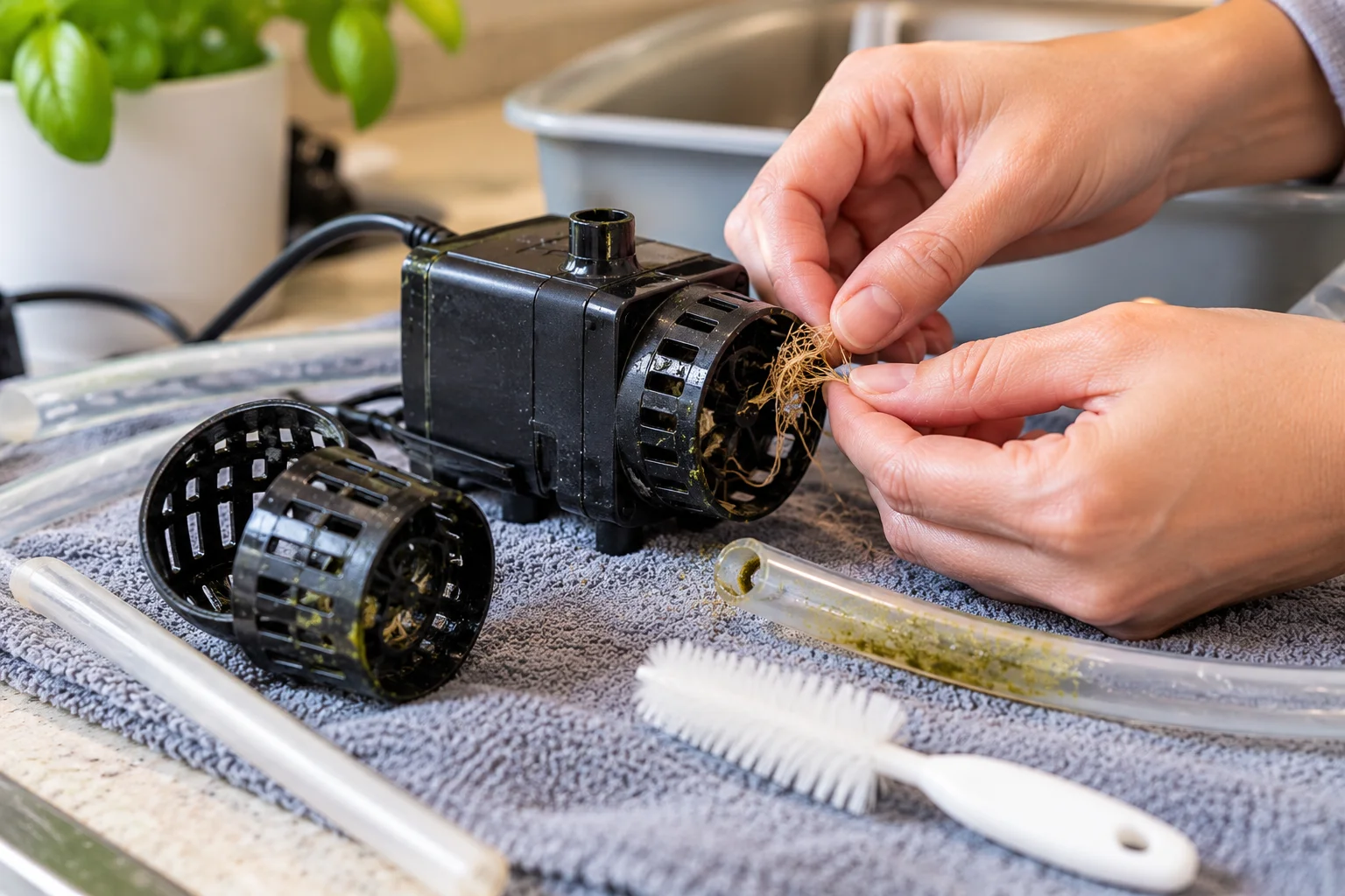 Inspecting a hydroponic pump and tubing for roots algae and buildup