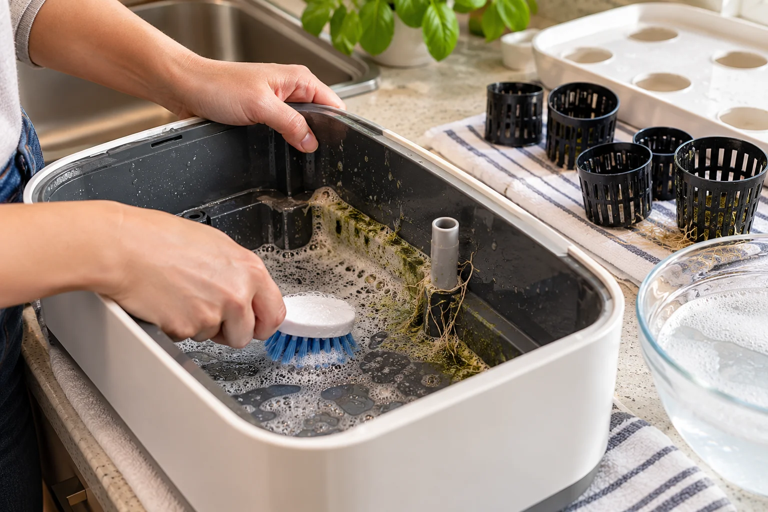 Cleaning plant debris and residue from a hydroponic reservoir
