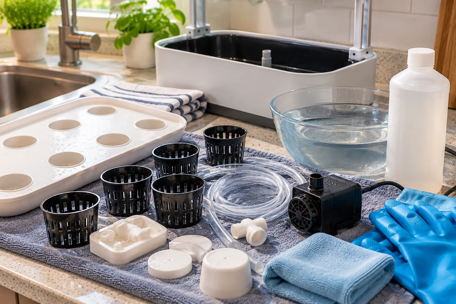 Clean hydroponic parts ready for sanitizing after debris has been removed
