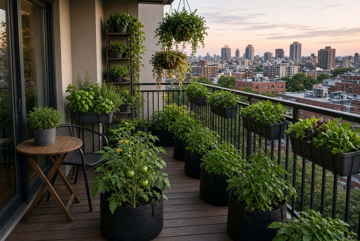 Complete renter-friendly balcony garden with multiple no-drill planting methods