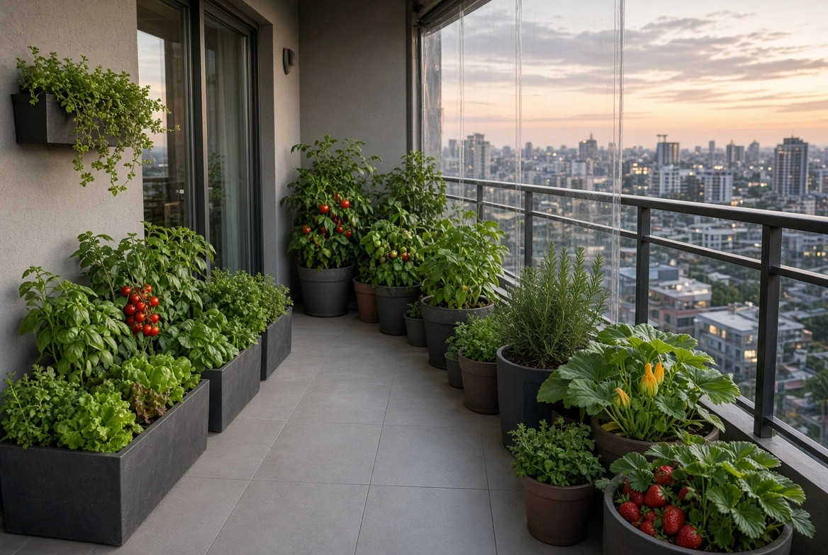 Complete setup for growing vegetables on a windy high-rise balcony