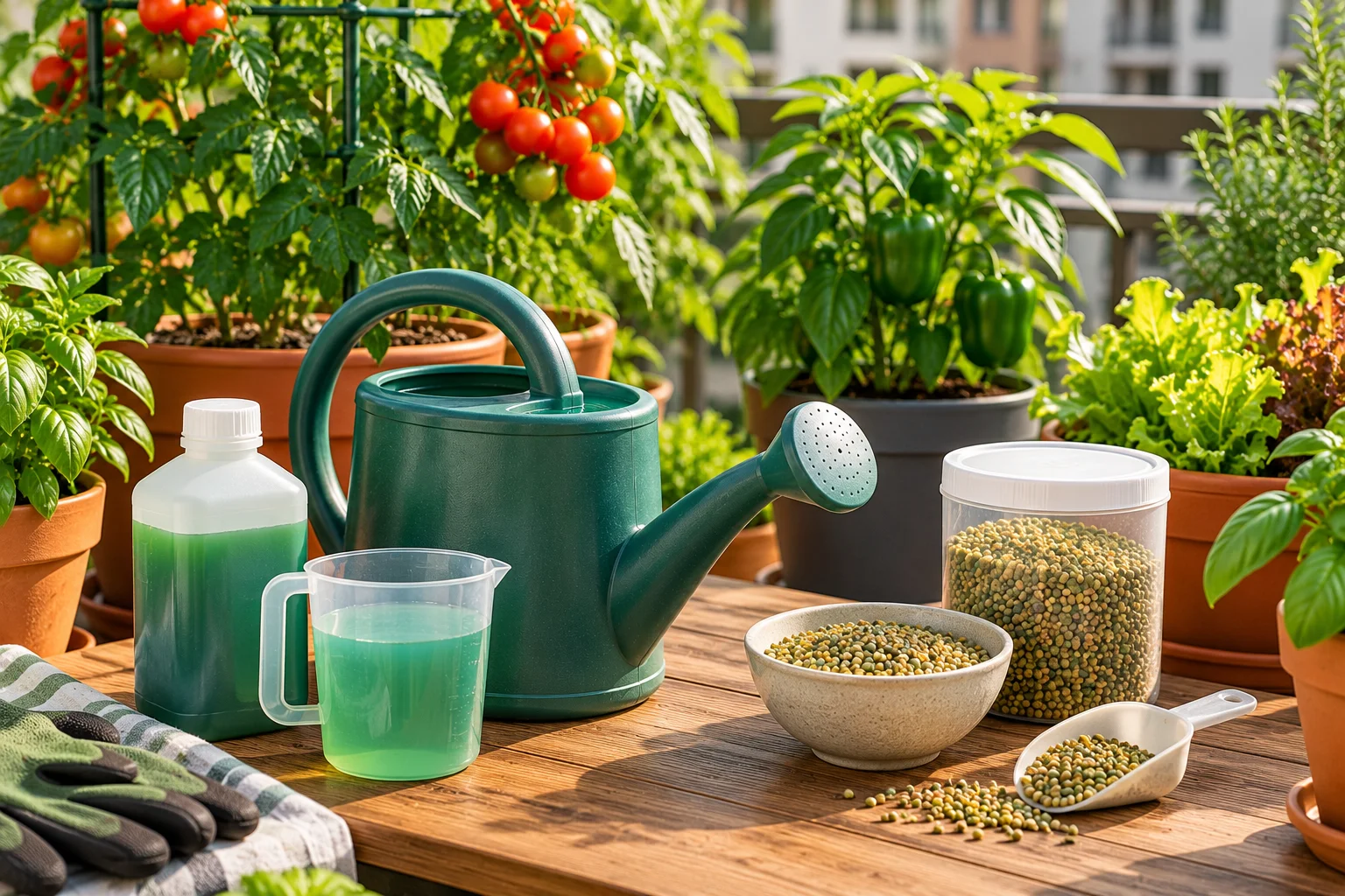 Water-soluble and slow-release fertilizer options beside healthy container vegetables