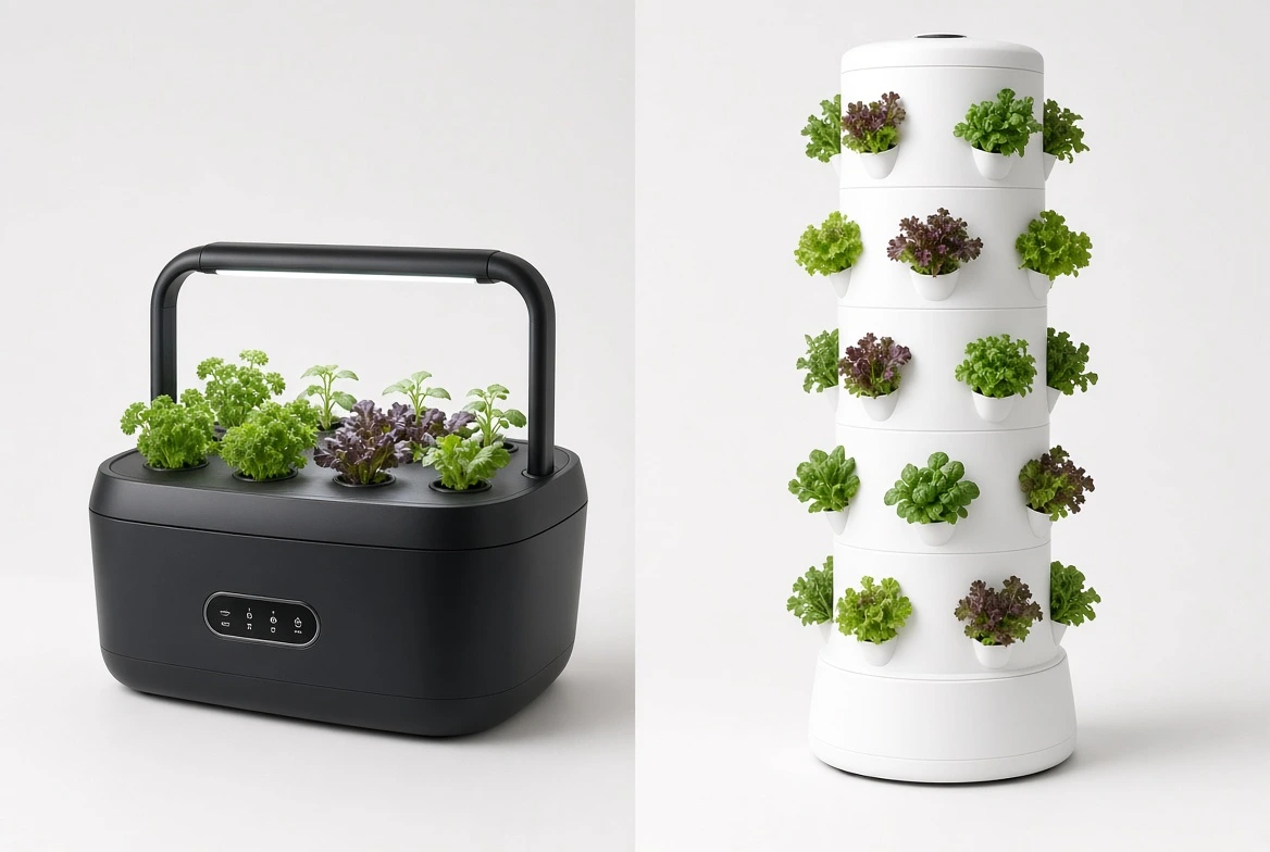 Side-by-side comparison of countertop and vertical hydroponic systems