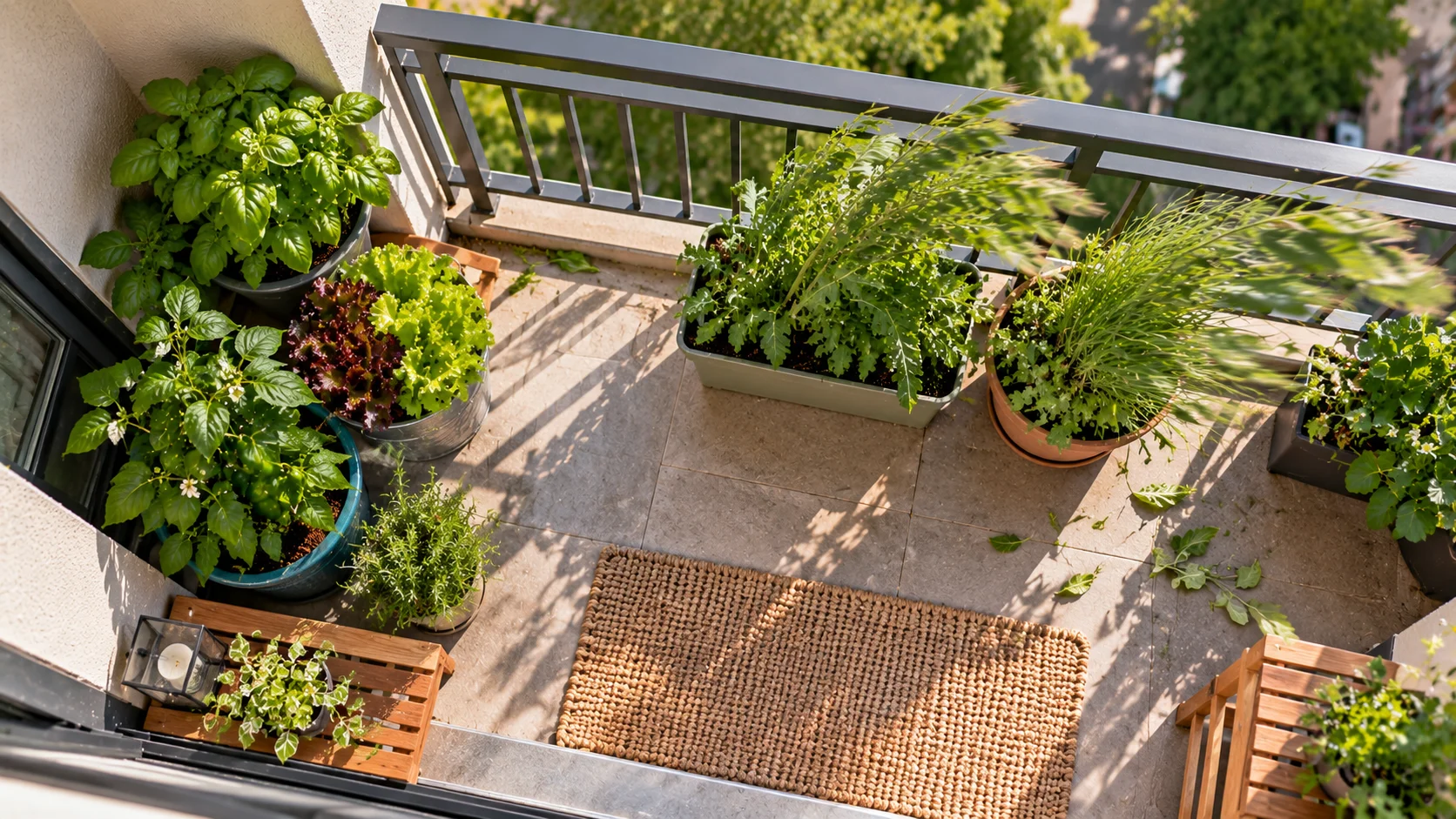Exposed balcony plant bending in wind compared with plants sheltered beside an apartment wall