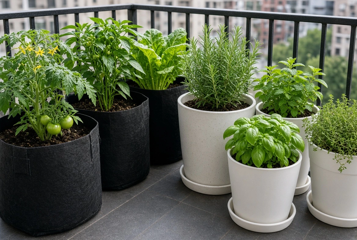 Side-by-side comparison of fabric grow bags and resin plastic pots on a balcony