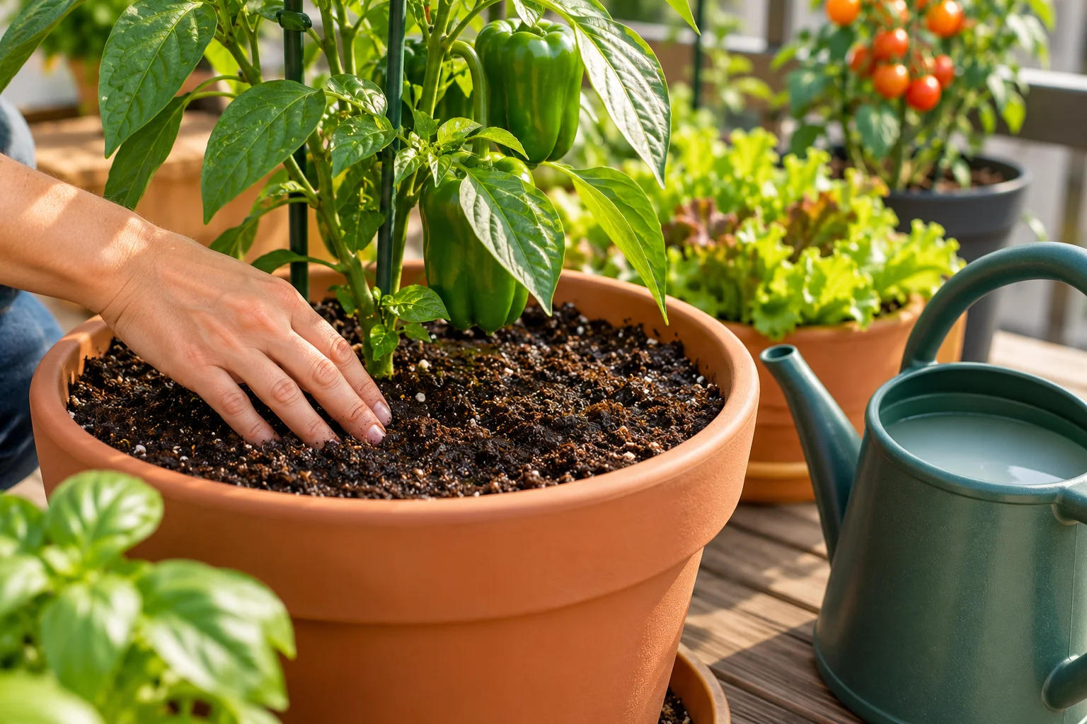 Moist potting mix around a container vegetable before liquid fertilizer is applied