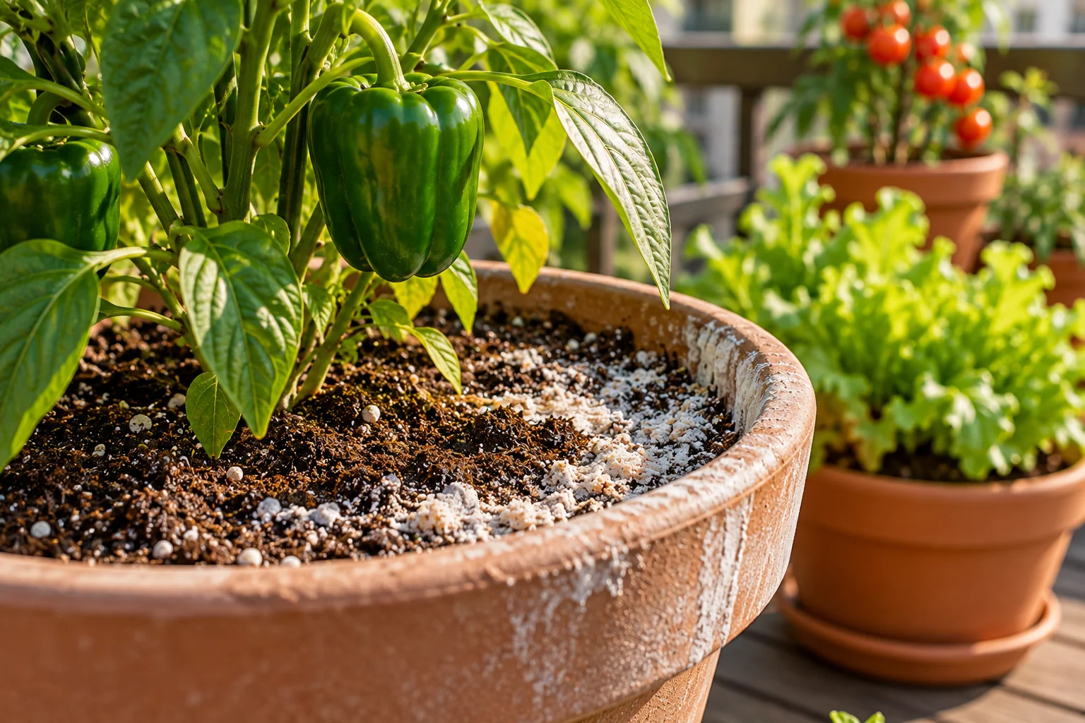 White fertilizer salt buildup visible on potting mix in a vegetable container