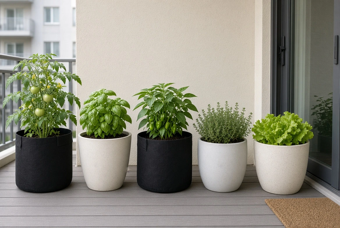 Freestanding fabric grow bags and resin pots on an apartment balcony floor