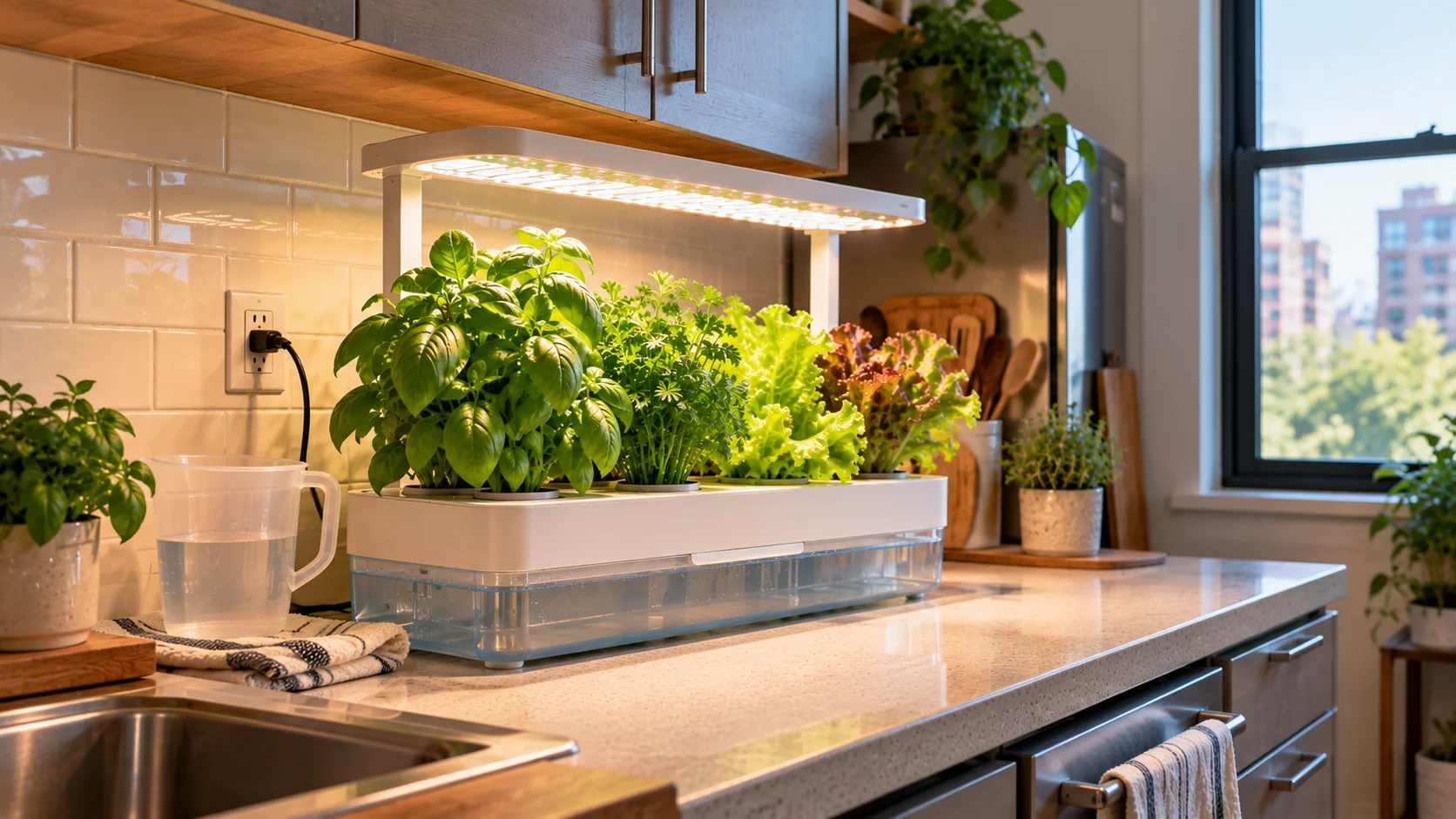 Indoor hydroponic garden compared with herbs growing in regular pots on a sunny apartment windowsill