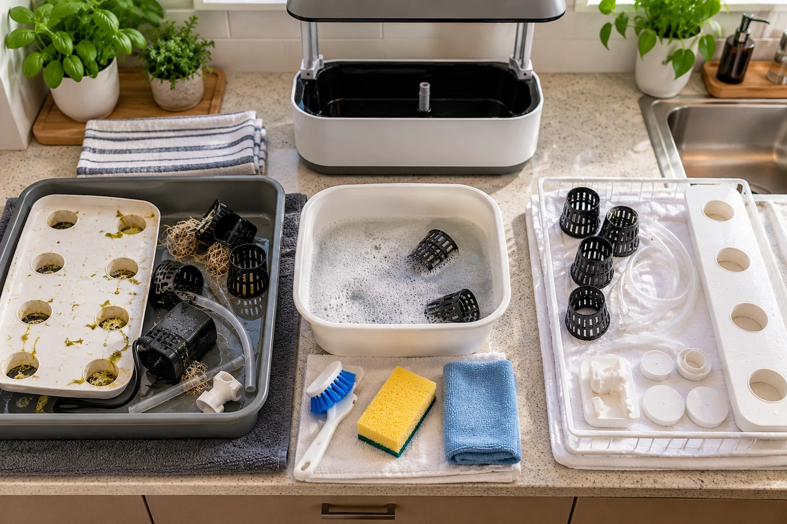 Apartment cleaning area prepared for hydroponic system parts