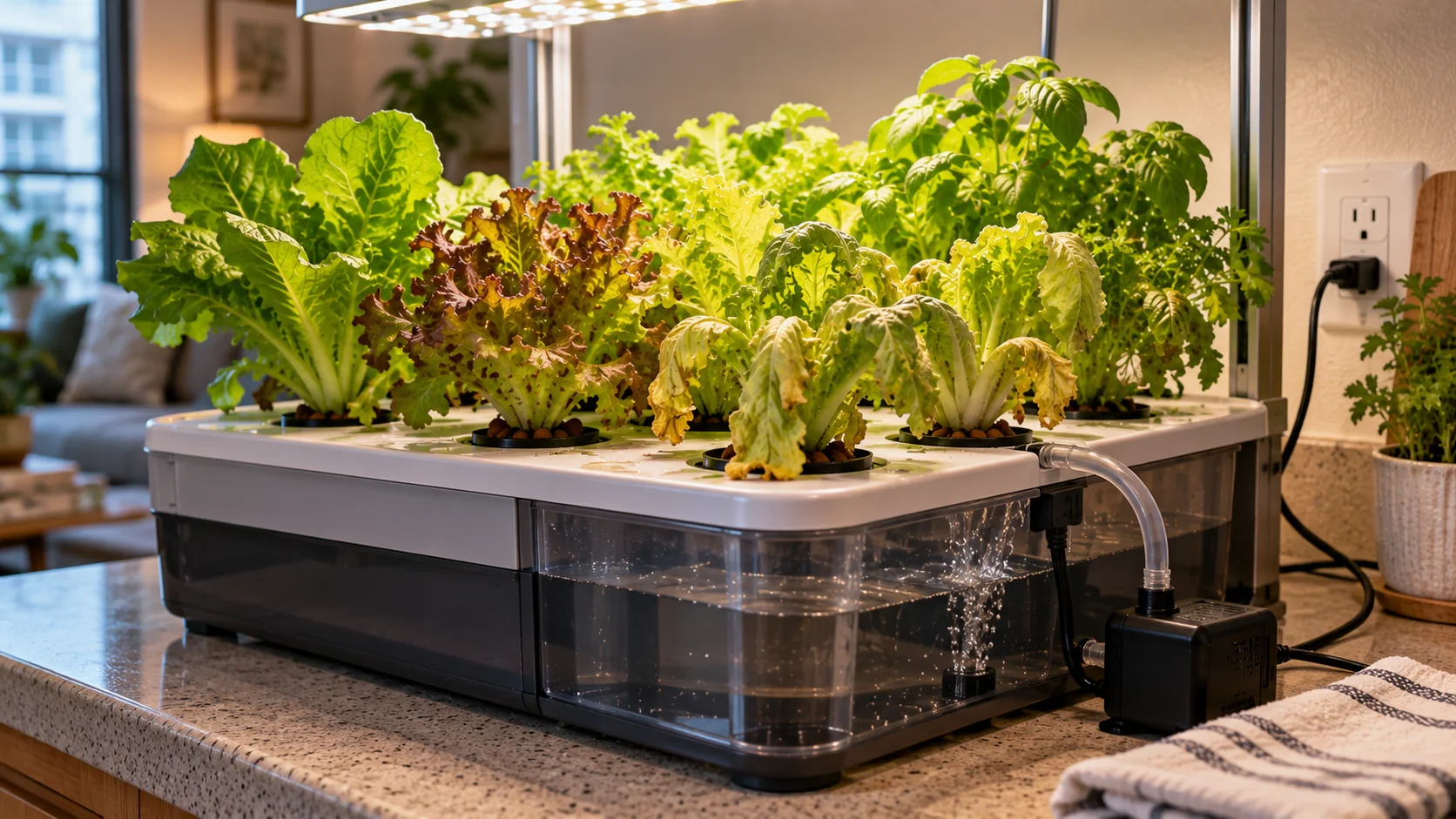 Apartment hydroponic system showing stressed plants and a water-flow problem