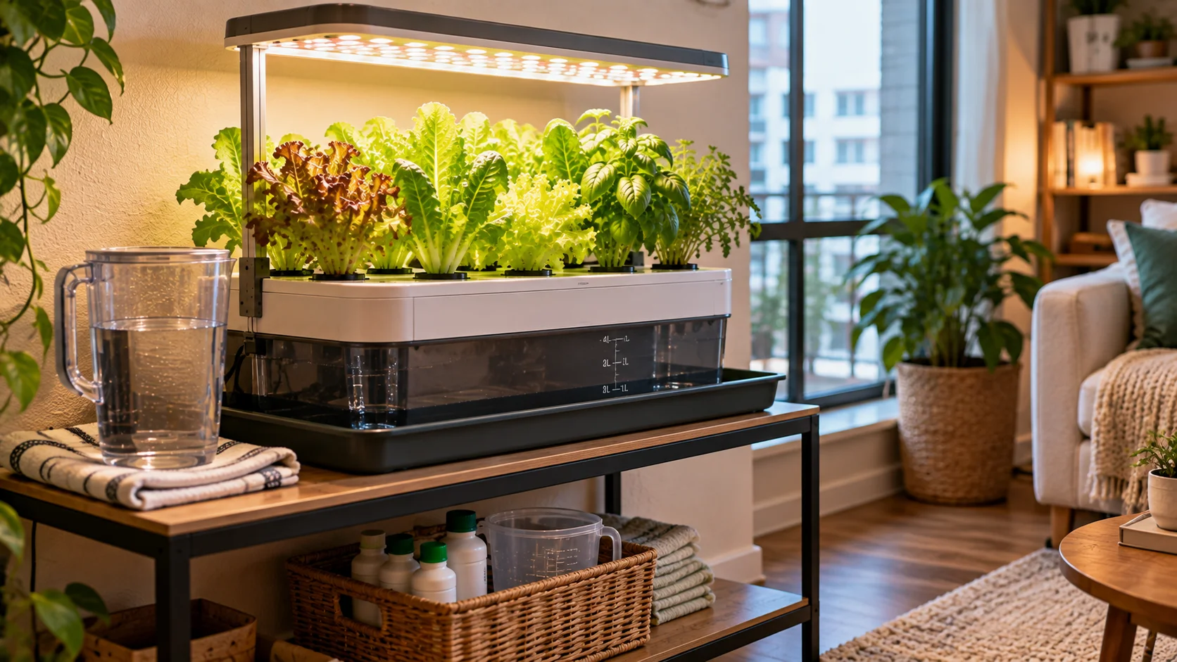 Hydroponic reservoir on a stable apartment surface with a waterproof tray protecting the floor