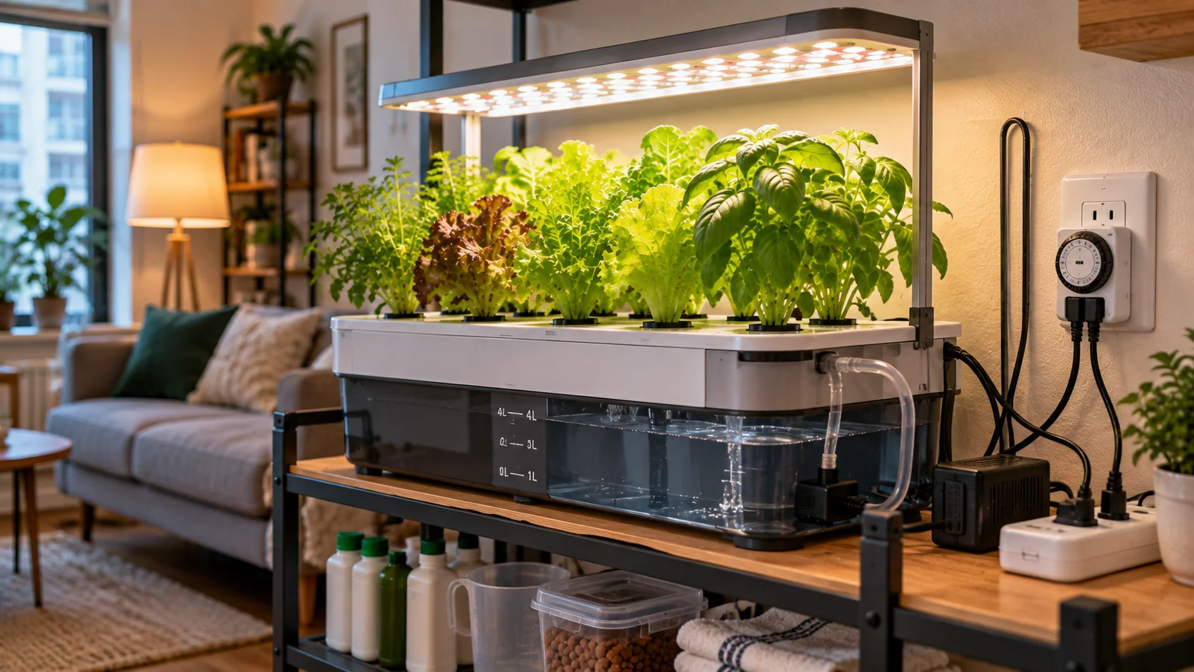 Indoor apartment hydroponic system with grow light, pump, timer, reservoir, and power cord