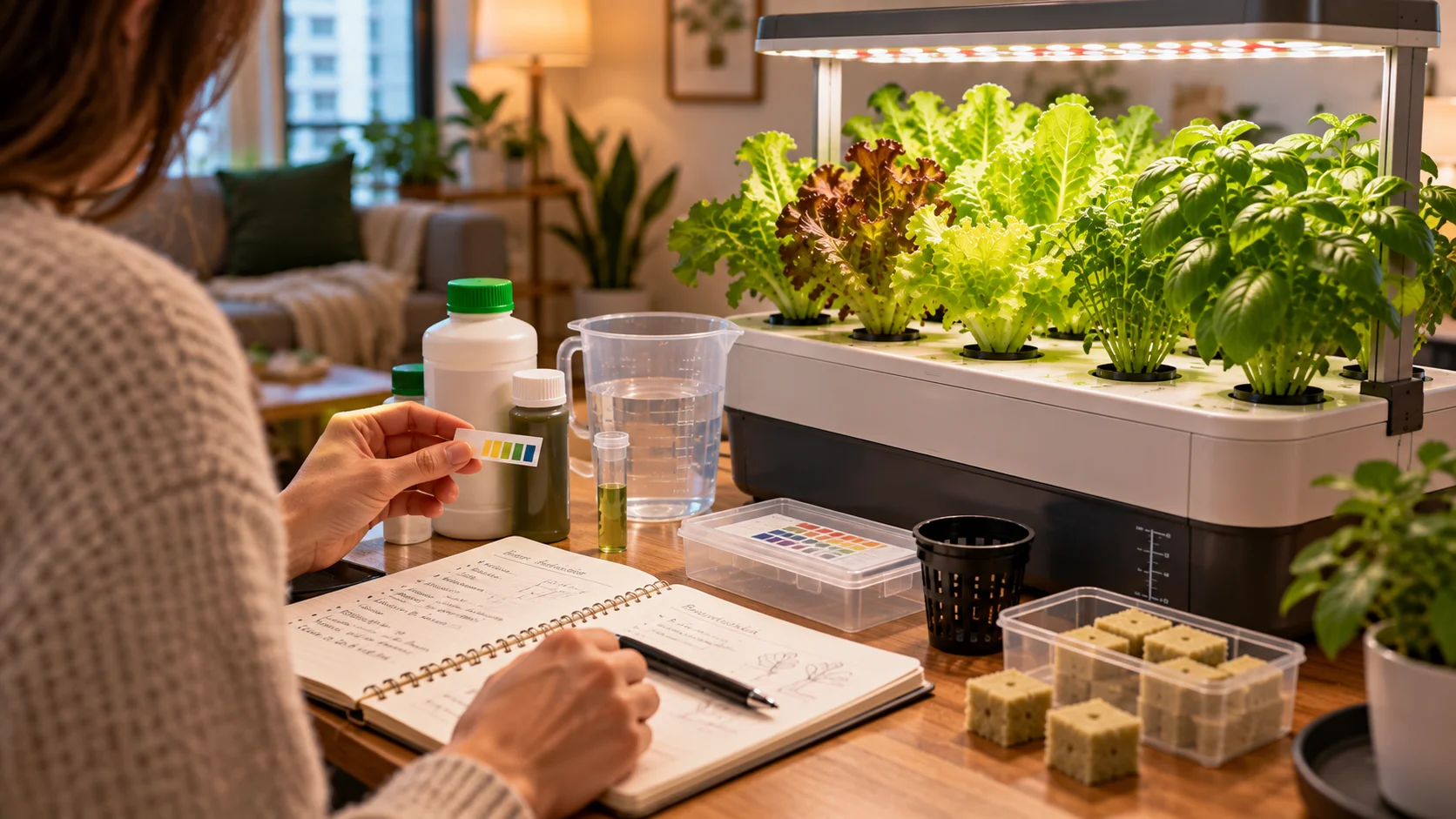 Beginner checking pH and nutrients beside a small apartment hydroponic garden