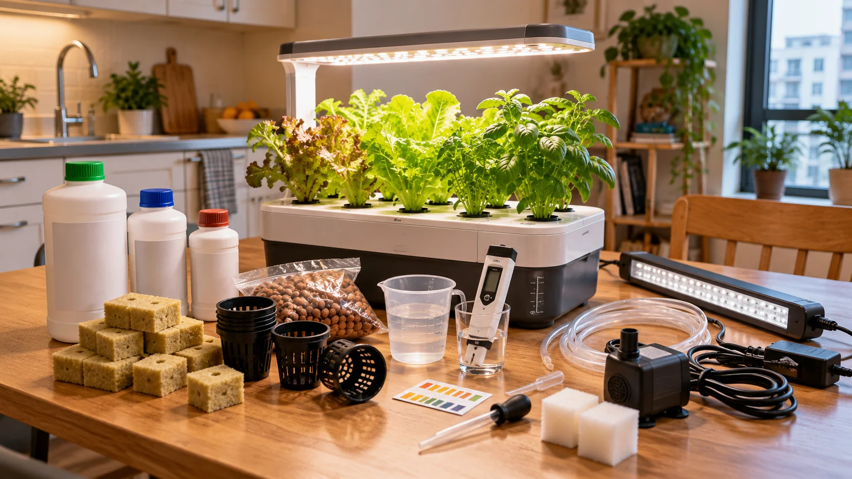 Hydroponic growing supplies arranged beside a small apartment countertop garden
