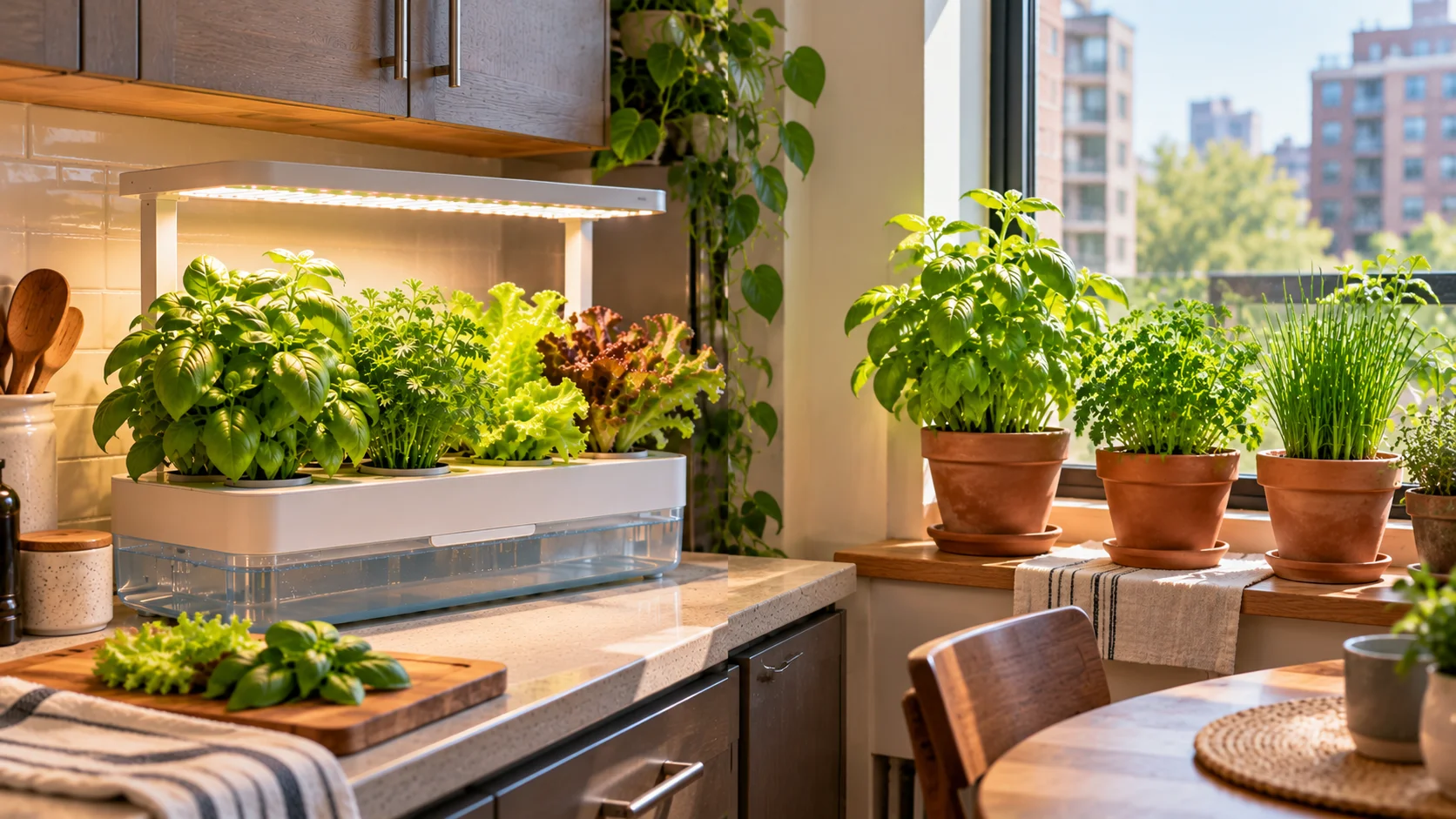 Indoor hydroponic garden showing grow light height, reservoir access, and counter space in an apartment