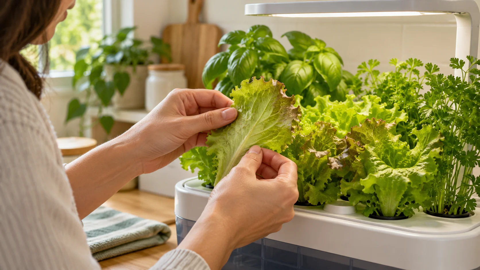 Do indoor hydroponic gardens attract bugs? Apartment gardener inspecting lettuce leaves for pests.