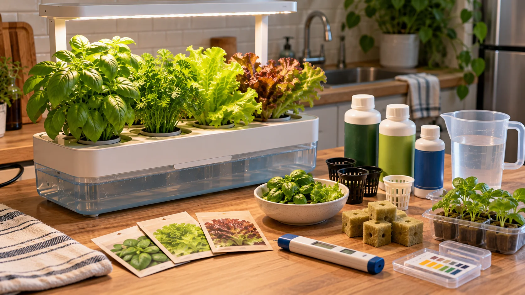 Indoor hydroponic garden with nutrients, seeds, growing media, and other ongoing supplies